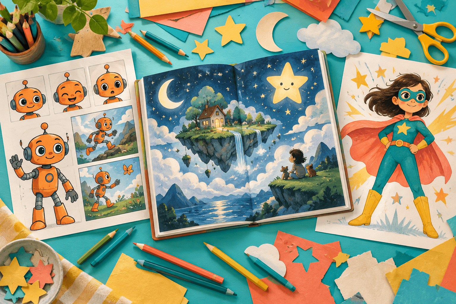 Illustrated examples of a superhero, a bedtime storybook, and a comic character
